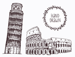 Hand drawn Tower of Pisa and Coliseum