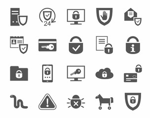 Protection of information, icons, monochrome. Information technology, data security system. Vector flat icons on white background. 