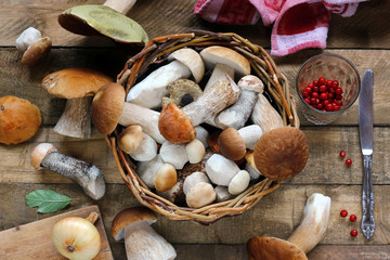 Fototapeta na wymiar Still life with mushrooms, top view.