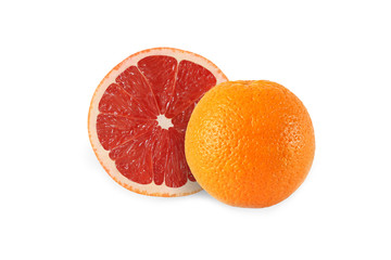 whole orange and cut grapefruit isolated on white background wit