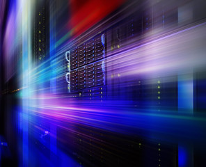 supercomputer disk storage in a series of data center equipment. motion blur