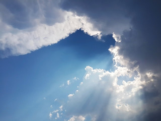 Fototapeta na wymiar blue sky with clouds and rays of sunshine