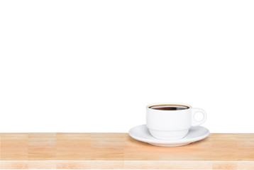 Wooden table and cup of coffee isolated