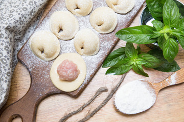 Making meat dumplings. Traditional russian food.