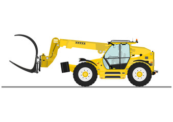 Telescopic handler with log and pipe grapple on a white background. Flat vector
