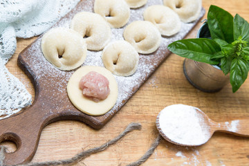 Making meat dumplings. Traditional russian food.