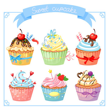set with sweet cupcake. Isolated colorful dessert. Vector collection 