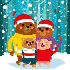 Cute bear family with Santa hats standing on snow Christmas forest background
