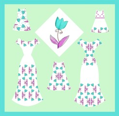 Card with collection of elegant female and baby dresses with tulip flowers. Fashion design.