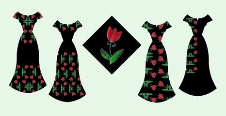 Beautiful card with collection of female dresses with tulip flowers. Fashion design.