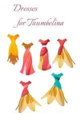 Collection of floral dresses for Thumbelina. Beautiful card with summer female dresses. Fashion design.