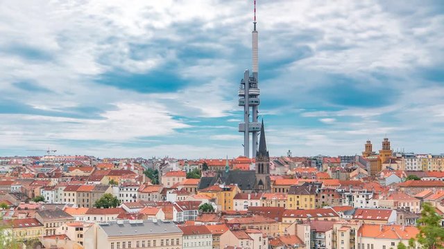 Timelapse view from the top of the Vitkov Memorial on the Prague landscape on a sunny day with the famous Zizkov TV tower on the horizon