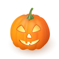 Cartoon funny Jack O Lantern halloween pumpkin with candle light inside isolated on white background. Vector illustration.