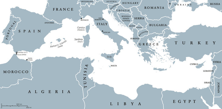 Mediterranean Sea Region countries political map with national