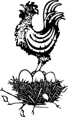 Woodcut Rooster on nest