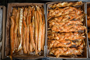 group of smoked seafood