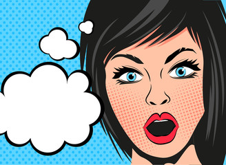 A retro cartoon woman with a shocked expression and speech bubbles. Vector illustration.
