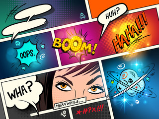 Obraz premium Speech Bubbles on a comic strip background with cartoon actions. vector illustration