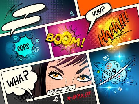 Speech Bubbles on a comic strip background with cartoon actions. vector illustration