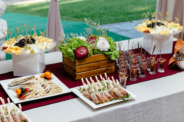 Catering service. Restaurant table with food and decor from natural products