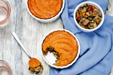 vegan green lentil mushroom sweet potato Shepherds pie
