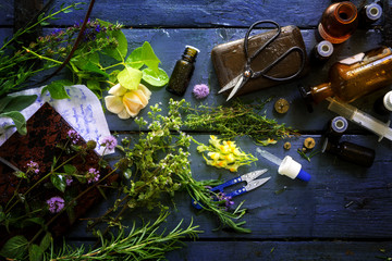 natural medicine with healing herbs and equipment on dark rustic wood