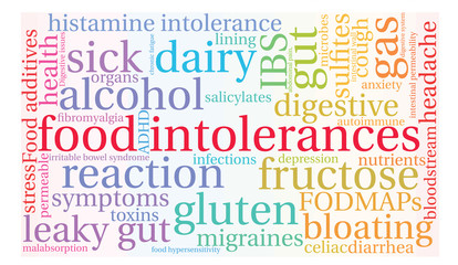 Food Intolerances word cloud on a white background. 