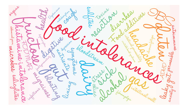 Food Intolerances word cloud on a white background. 