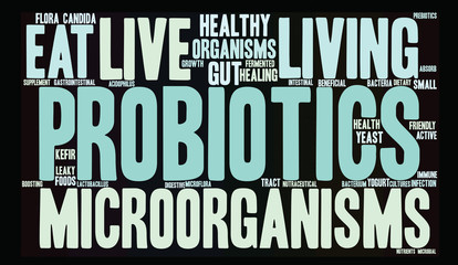 Probiotics Word Cloud on a black background.