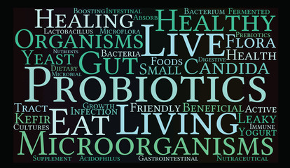 Probiotics Word Cloud on a black background.