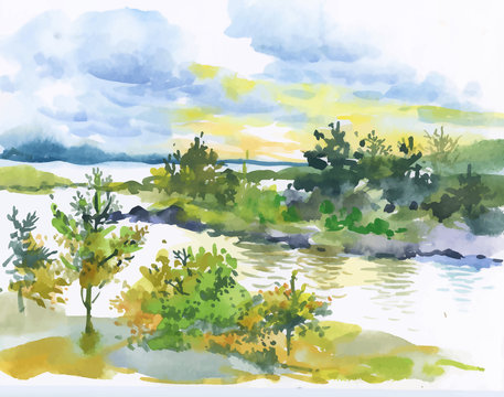 Watercolor autumn forest and lake landscape.