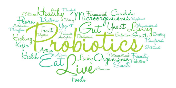 Probiotics Word Cloud on a white background.