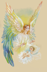 Beautiful Angel with Wings Flying over Child, Watercolor Illustration.