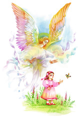 Obraz na płótnie Canvas Beautiful Angel with Wings Flying over Child, Watercolor Illustration.