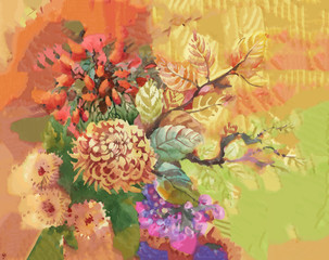 Watercolor flowers and leaves abstract background.