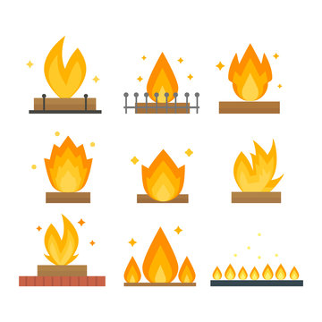 Fire flame hot burn and fire flame vector icon. Warm inferno danger fire flame and cooking yellow fire flame. Orange light blazing campfire ignite fire flame design and detail fireplace passion sign.