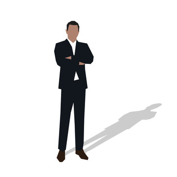 Businessman stands with folded arms, vector illustration. Flat d