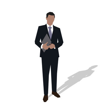 Business man in suit standing and holding hands documents. Vecto