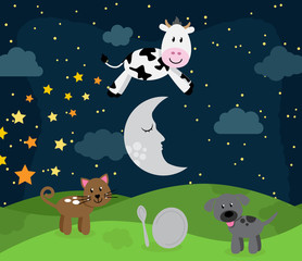 Hey Diddle Diddle Nursery Rhyme Landscape with Cow Jumping Over the Moon