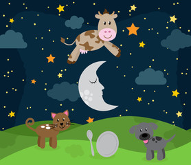 Naklejka premium Hey Diddle Diddle Nursery Rhyme Landscape with Cow Jumping Over the Moon