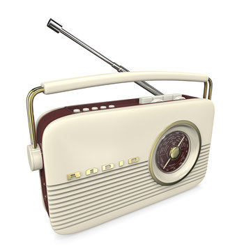 Radio. 3D render of a Classic white,red and brass Retro Style Radio. Side top view. 