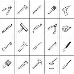 Vector illustration. Set of icons of working tools for repair and construction. Pliers, hatchet, hammer, screwdriver, saw, measuring ruler, brush, paint, drill, wrench