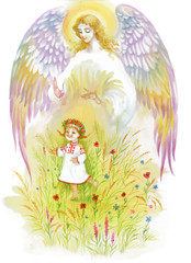 Obraz premium Beautiful angel with wings flying over baby girl.