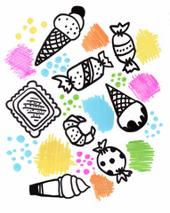 Hand drawn sweets doodle elements set with candies, cupcakes, cookies, chocolates, lollipops and macaroons.
