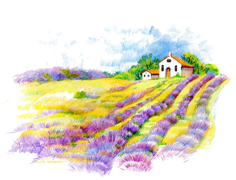 Watercolor rural house in green summer day illustration.