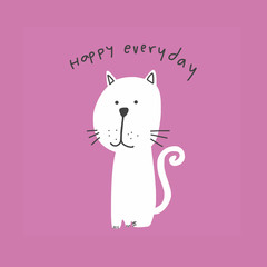 Cute white cat good morning word illustration on pink background