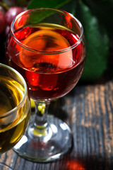 assortment different wine on wooden background, closeup