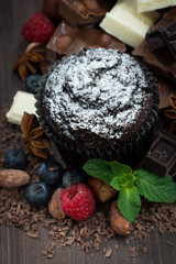 chocolate muffins with icing sugar and ingredients 