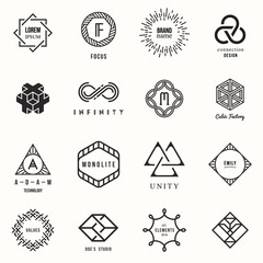 Set of badges and labels elements. Modern geometric design. Logos and monograms. Vector illustration, EPS 10.