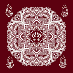 Happy Diwali and Lakshmi Puja Mandala background. kolam Rangoli - a traditional Indian home decoration with the footprints of the goddess feet Lakshmi and burning diya and ethnic ornament.